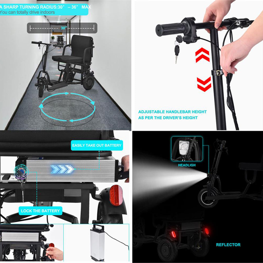 MotoTec Folding Mobility Electric Trike 48v 700w Dual Motor Lithium Black