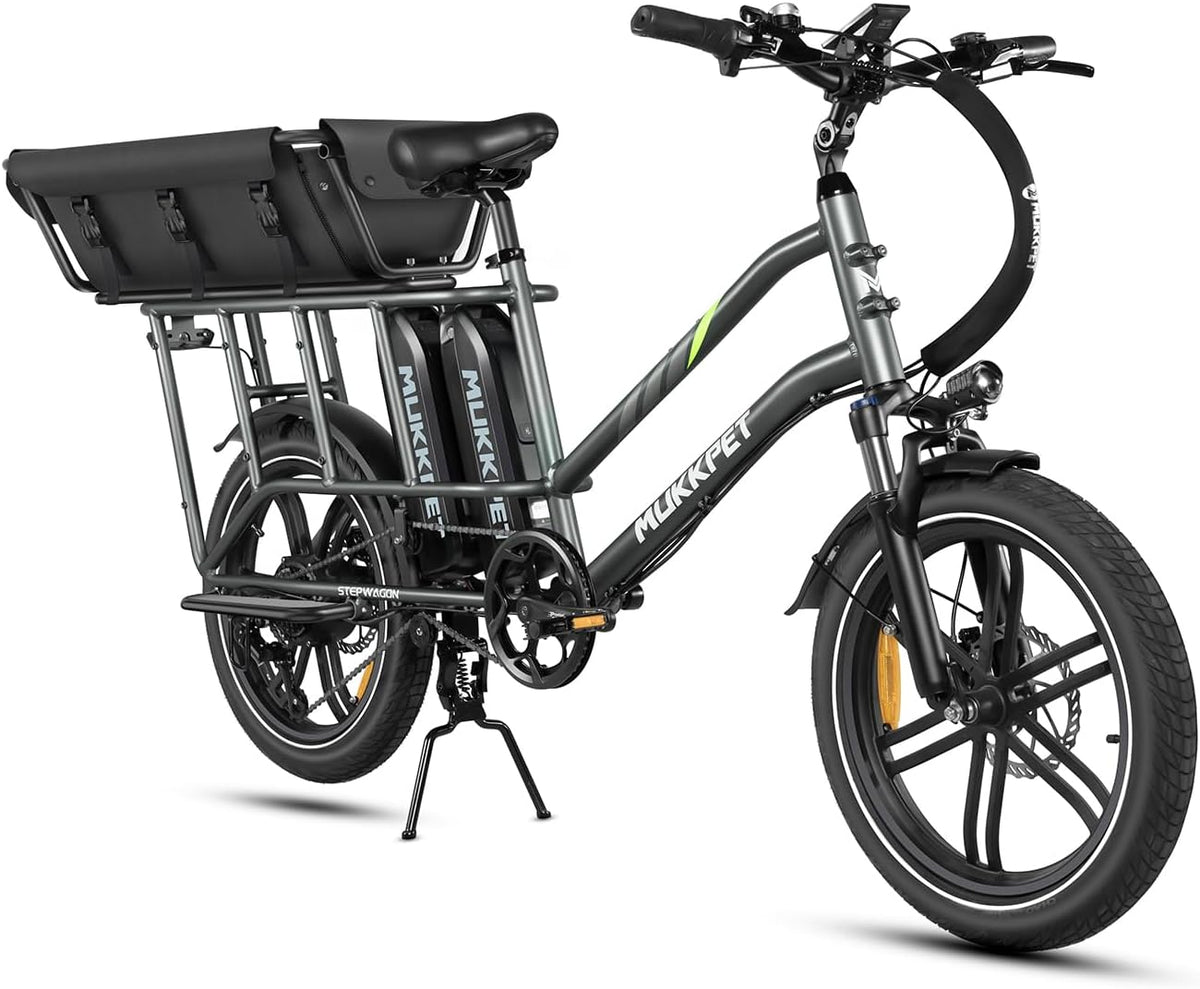 Black electric bike with a storage rack on a white background