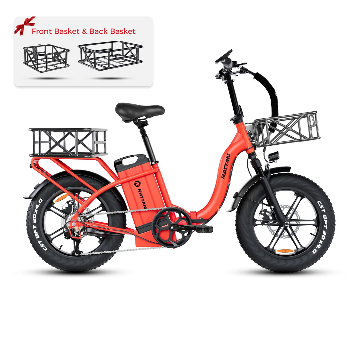 Front and Rear Baskets - Rattan LF Ultra Step Through Fat Tire Folding Electric Bike 