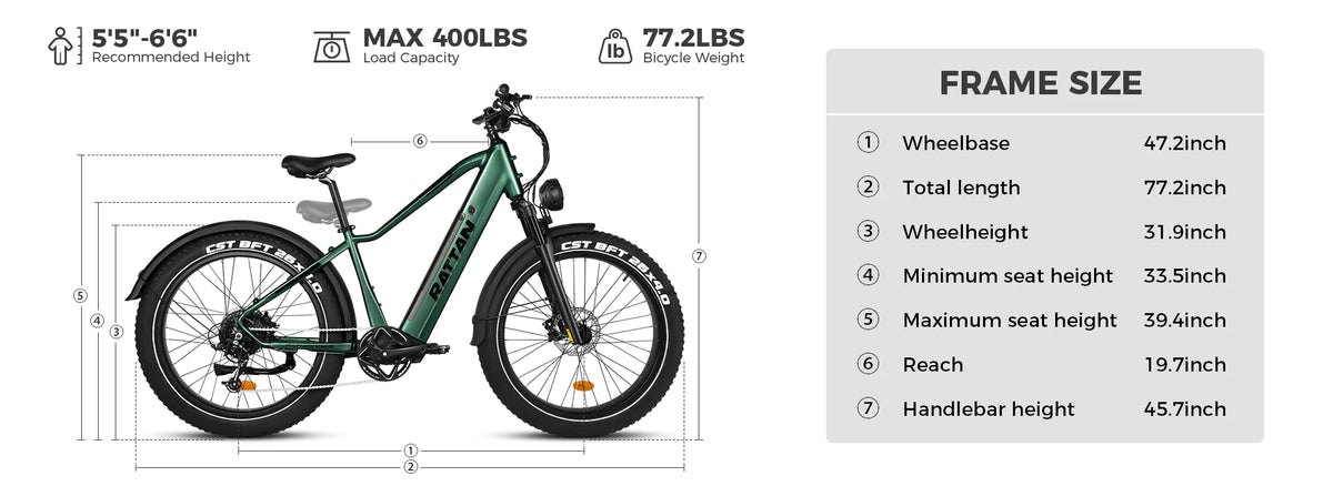 Rattan Pathfinder 750W 48V Mountain Electric Bike Measurements Dimensions