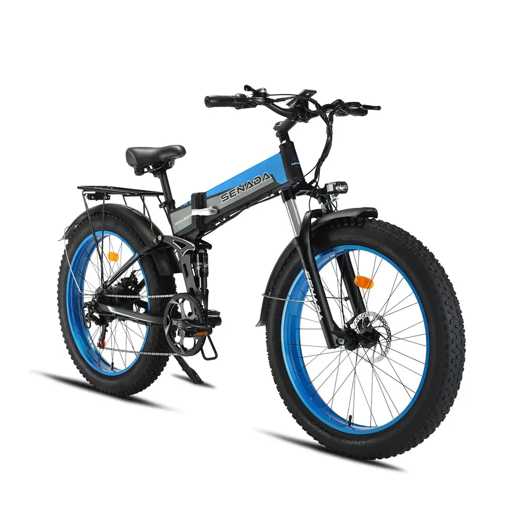 Senada Roamer 1000W 48V 14Ah All Terrain Fat Tire Electric Folding Bike Blue Slant