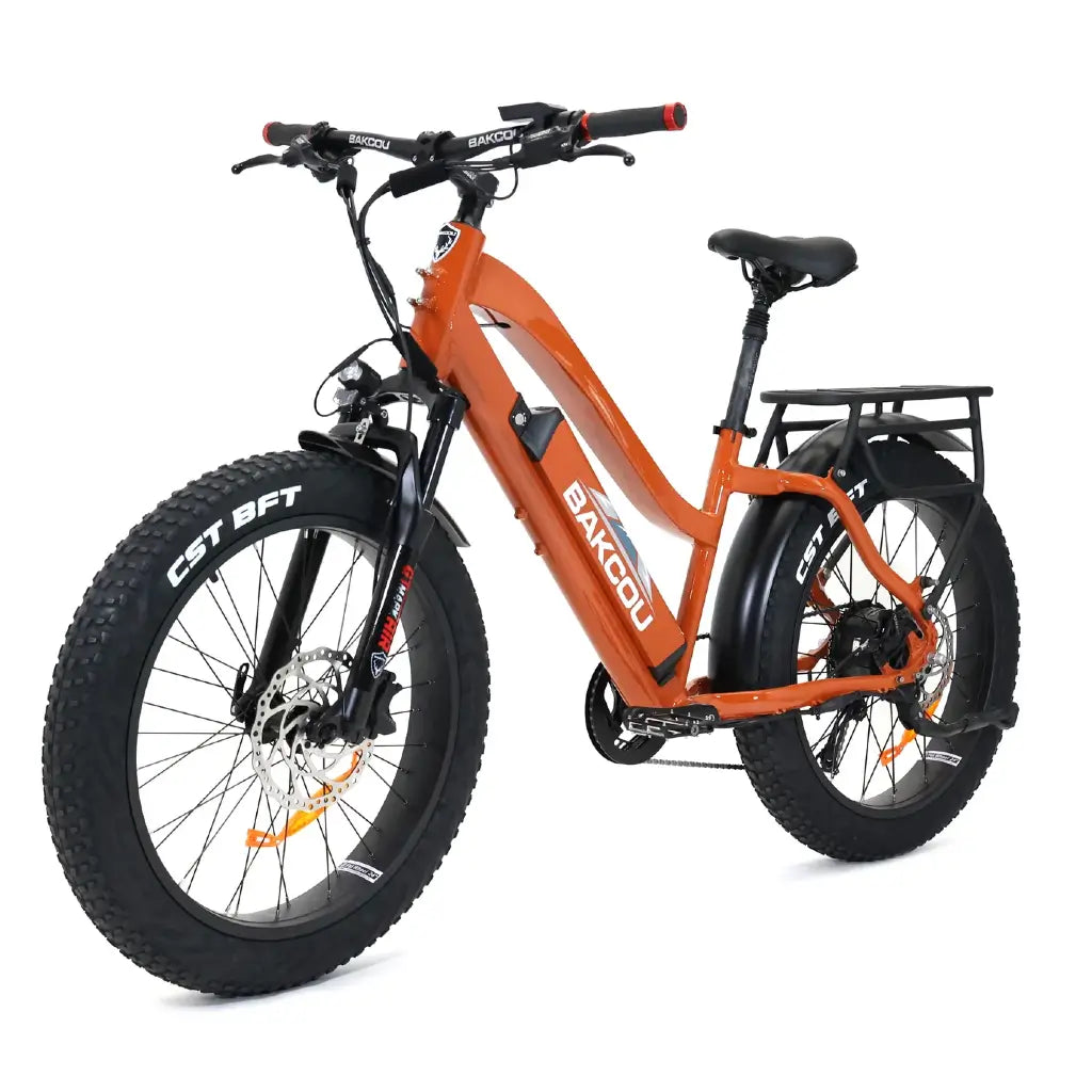 Bakcou Flatlander Step through (ST) 24&quot; 750W 48V Fat Tire Electric Hunting Bike orange left slant