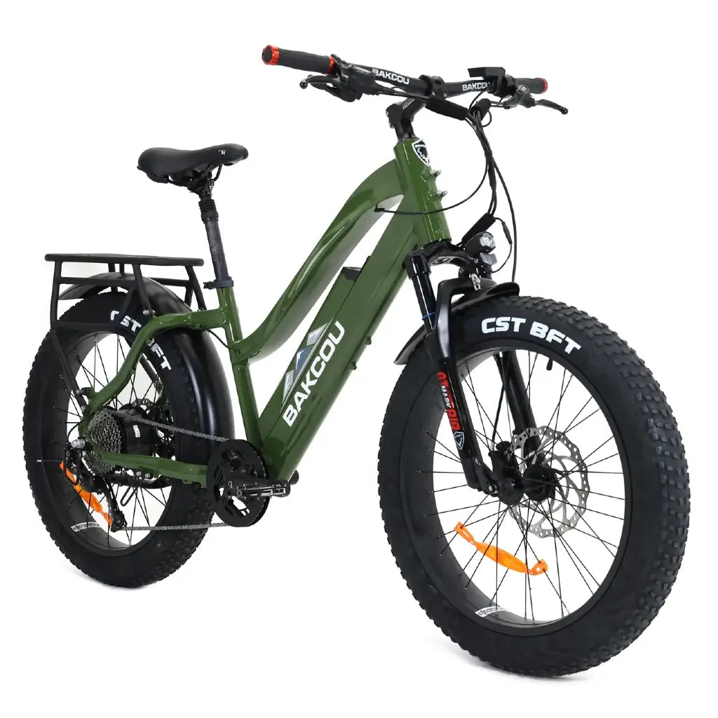 Bakcou Flatlander Step through (ST) 24&quot; 750W 48V Fat Tire Electric Hunting Bike green right slant