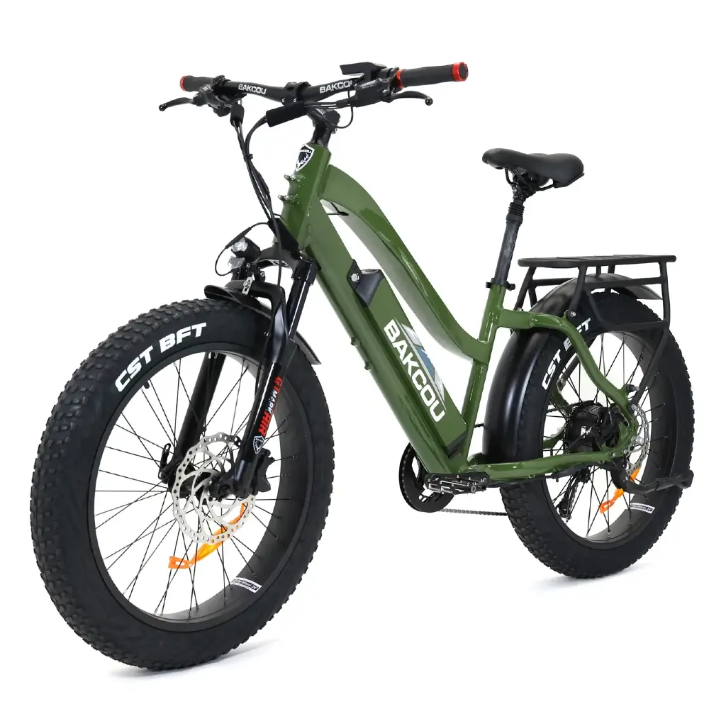 Bakcou Flatlander Step through (ST) 24&quot; 750W 48V Fat Tire Electric Hunting Bike green left slant
