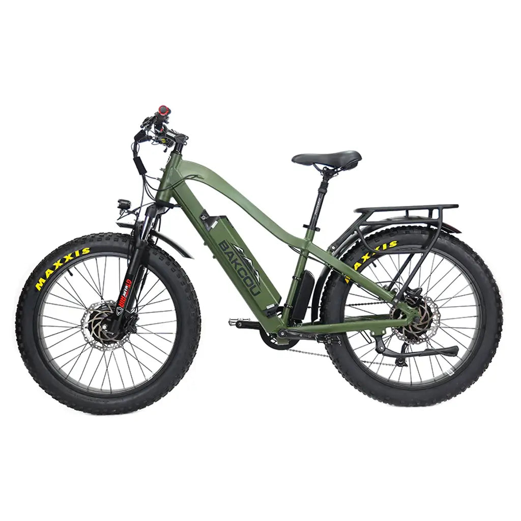 Bakcou Kodiak AWD 500W 48V 25ah Fat Tire Electric Hunting Bike green left sdie