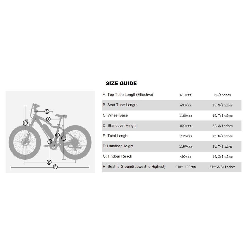 Ecotric Rocket 500W Beach Snow 36V Fat Tire Electric Bike Size Guide