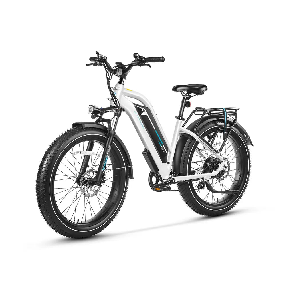 Magicycle 750W 52V/20Ah Cruiser Pro Mid Step-Thru Mountain Electric Bike White Left Slant