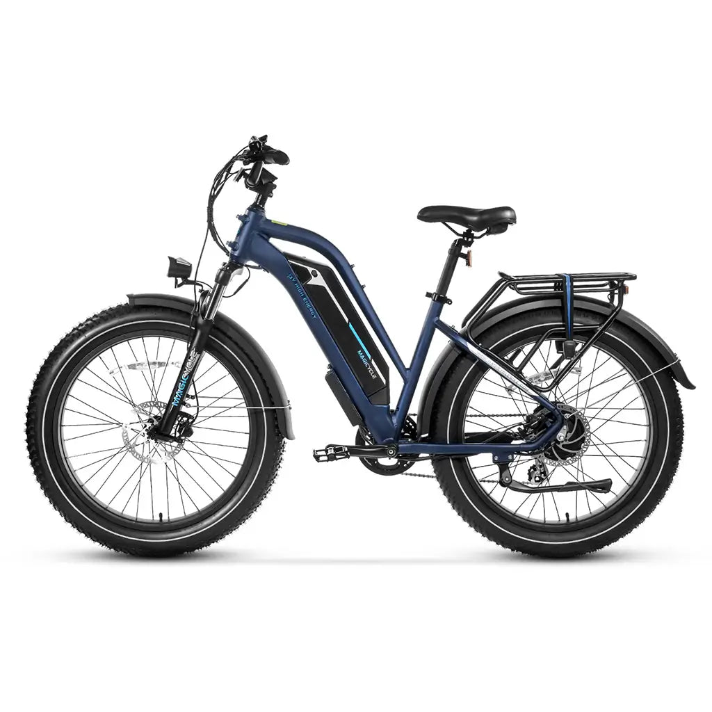Magicycle 750W 52V/20Ah Cruiser Pro Mid Step-Thru Mountain Electric Bike Blue Left Side