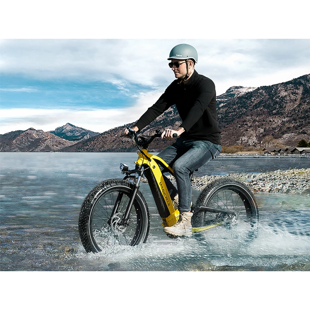 Magicycle Deer Softail 750W 52V Full Suspension SUV Electric Bike Yellow Passing Water