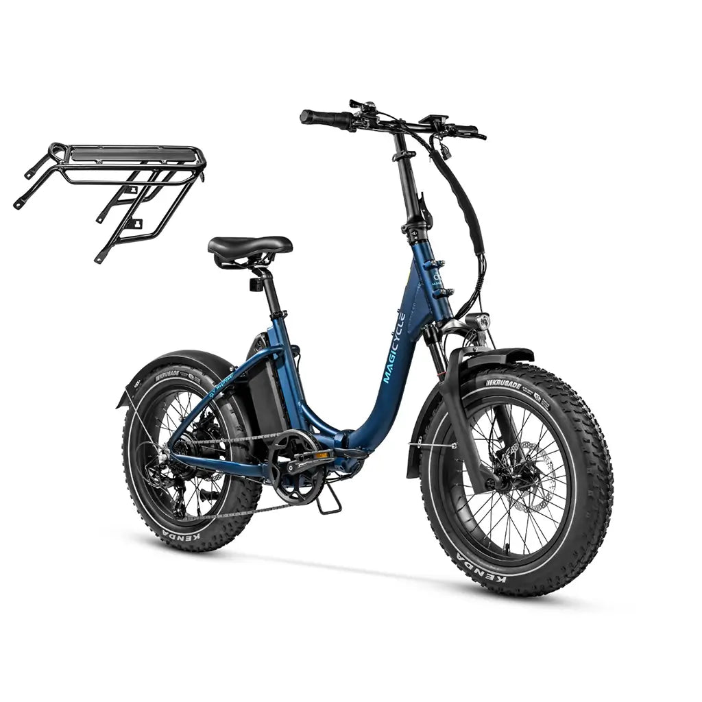Magicycle Jaguarundi 600W 52V Folding Step-Thru Fat Tire Electric Bike Blue with Rear Rack