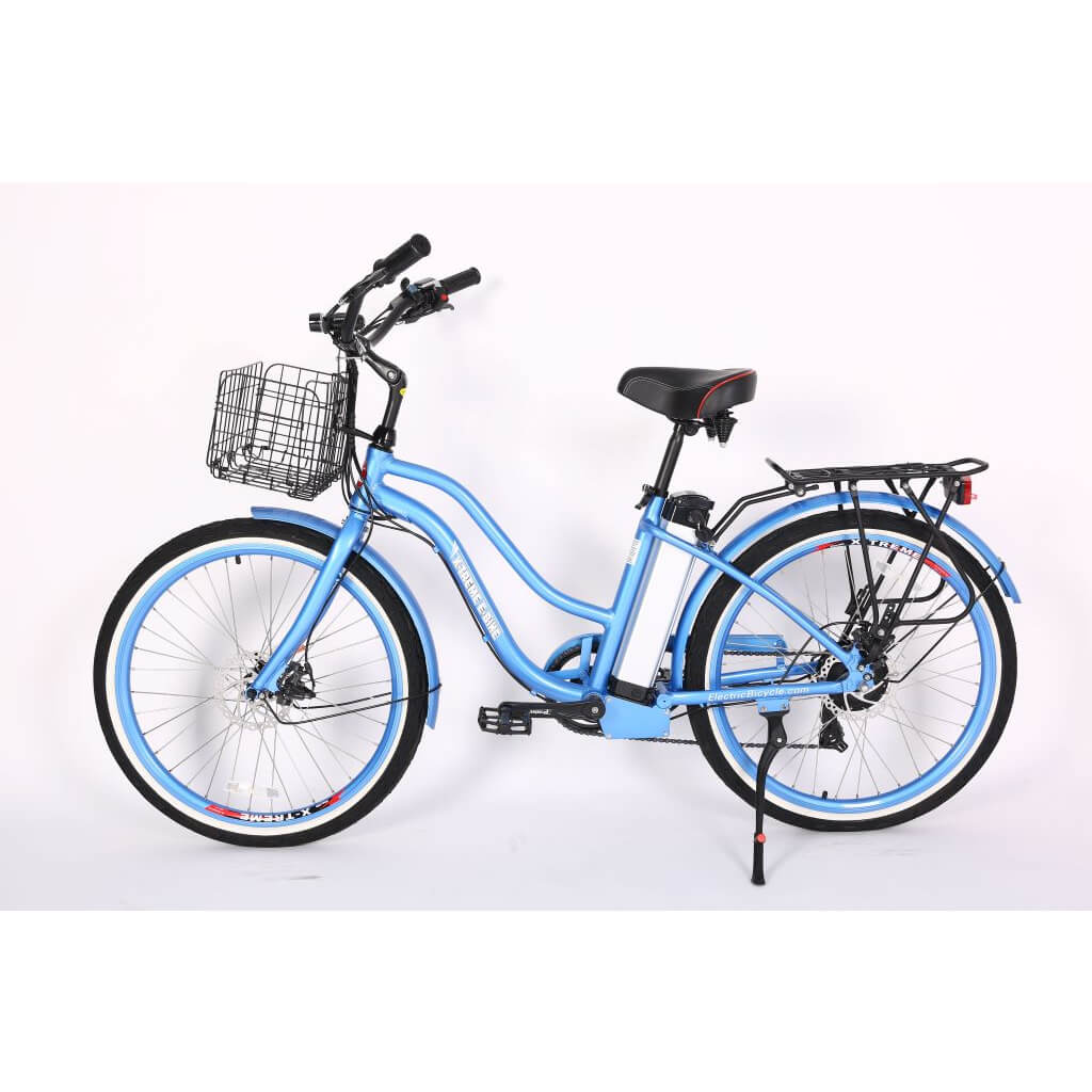 X-Treme Malibu Elite 24V 300W Step Through Beach Cruiser Electric Bike baby blue left side