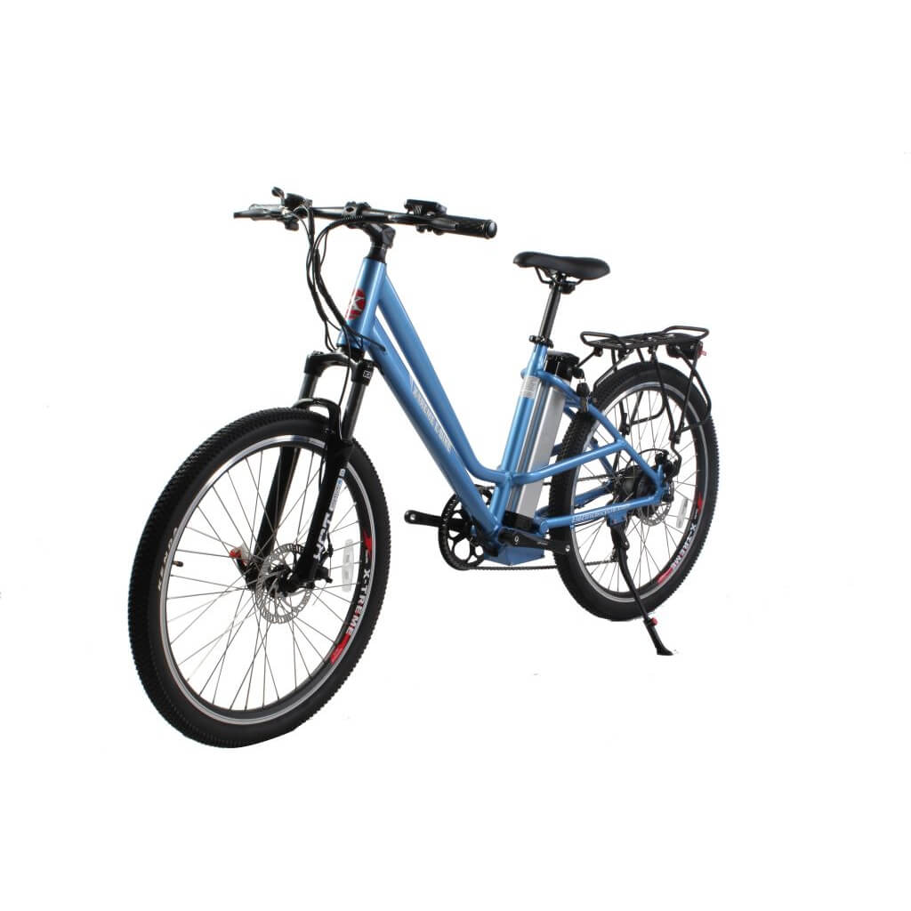 X-Treme Trail Climber Elite Max 350W 36V Step-Thru Mountain Electric Bike baby blue left angle