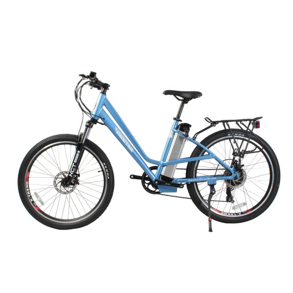 X-Treme Trail Climber Elite Max 350W 36V Step-Thru Mountain Electric Bike baby blue left side